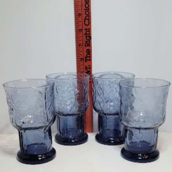 SET OF 4 VINTAGE 1970's LIBBEY BLUE GLASS TUMBLERS COUNTRY GARDEN DAISEY FLOWER - Picture 2 of 6